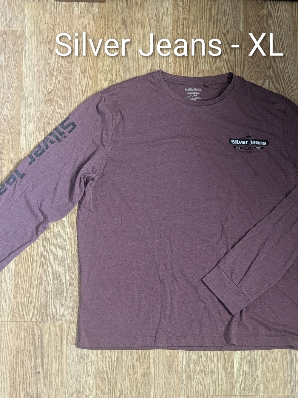 Silver Jeans Long Sleeve Crew in Burgundy with Black Logo